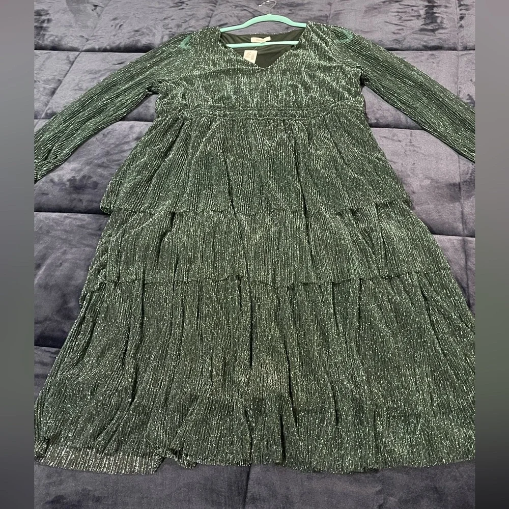 Maurices Green Metallic Thread Ruffle Tiered Midi Dress 1X - Picture 7 of 11